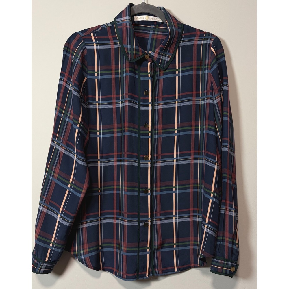 Marie Oliver Navy Blue Plaid 100% Silk Button Down Blouse Top Women Medium